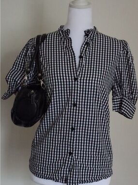 Who What Wear Black and White Gingham Ruffle-Collar Button Down